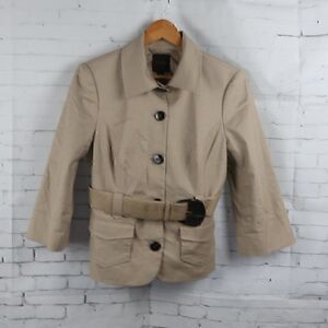 THE LIMITED TAN 3/4 SLEEVE CROPPED BUTTON DOWN TRENCH STYLE JACKET WITH BELT